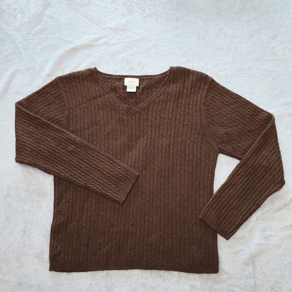 Vtg ALPS Brown Cable Knit V-Neck Sweater Womens S Dark Academia Ribbed Pullover